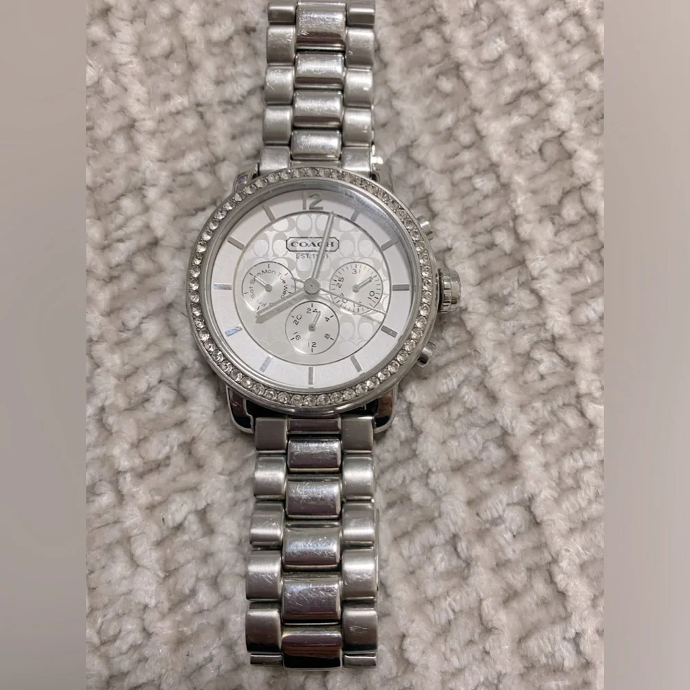 Coach Silver Stainless Steel Crystal Bezel Women's Watch New Battery